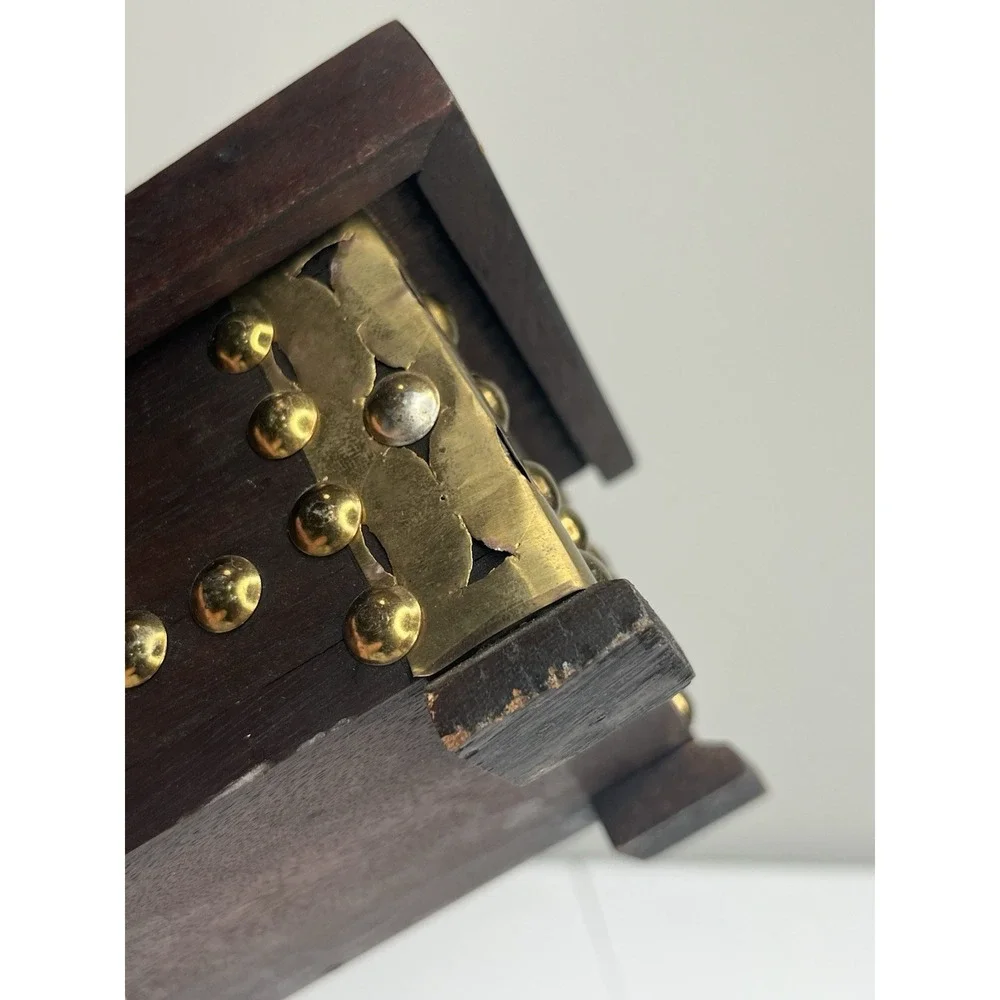 Vtg Handmade Wooden Trinket Box With Hammered‎ Brass Tacks